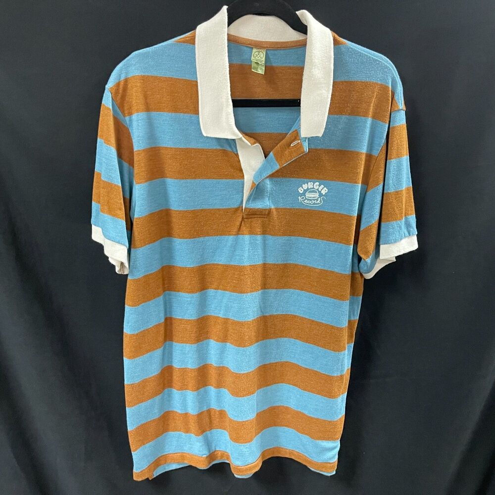 Burger Records Polo Pull Over Shirt Blue Brown Striped Size XL Alternative Earth
